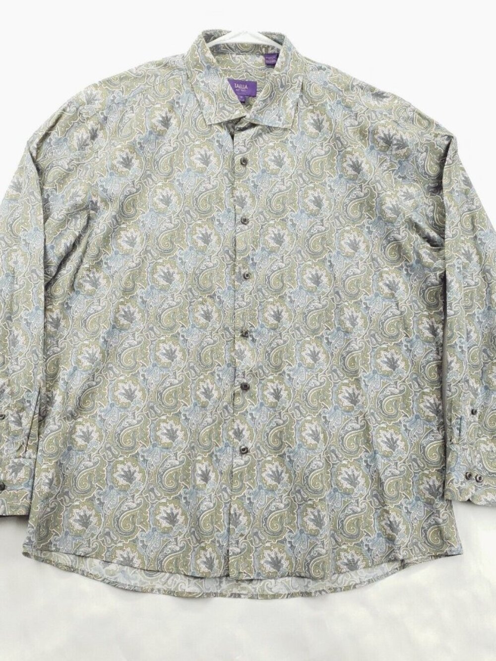 Tallia Shirt Men XL Olive Blue Paisley Long Sleeve 100% Cotton Classic Button-Up